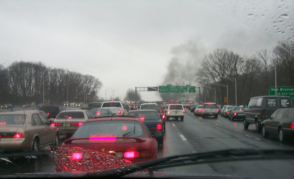 Photograph of gridlock and a wreck on the Garden State Parkway